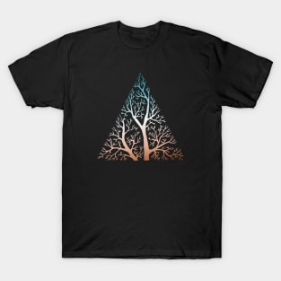 Stylized tree branches in triangle frame - teal, white, and orange gradient T-Shirt